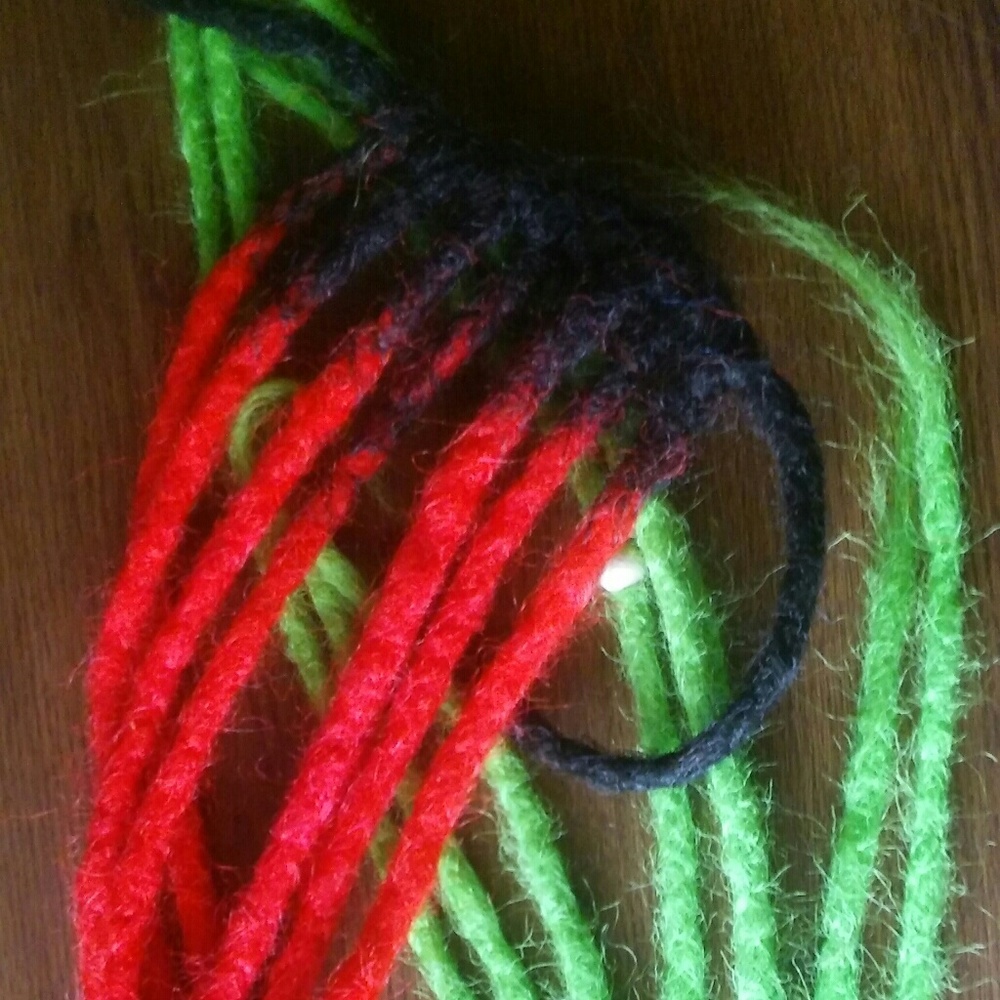 Long crocheted red green dreadfall lock ponytail